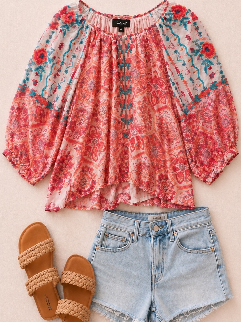 Tolani Boho Floral Peasant Blouse Medium Pink Coral Teal Balloon Sleeve Shirt